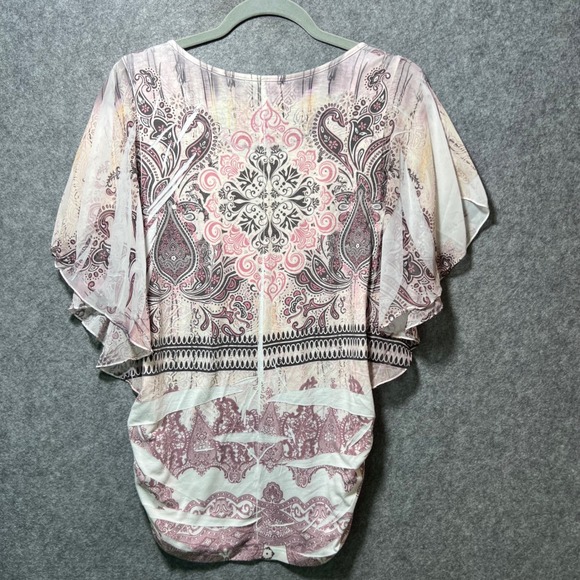 Espresso Paisley Flutter Sleeve Ruched Tunic Top Sheer Overlay Pink Beige‎ L - Picture 6 of 6